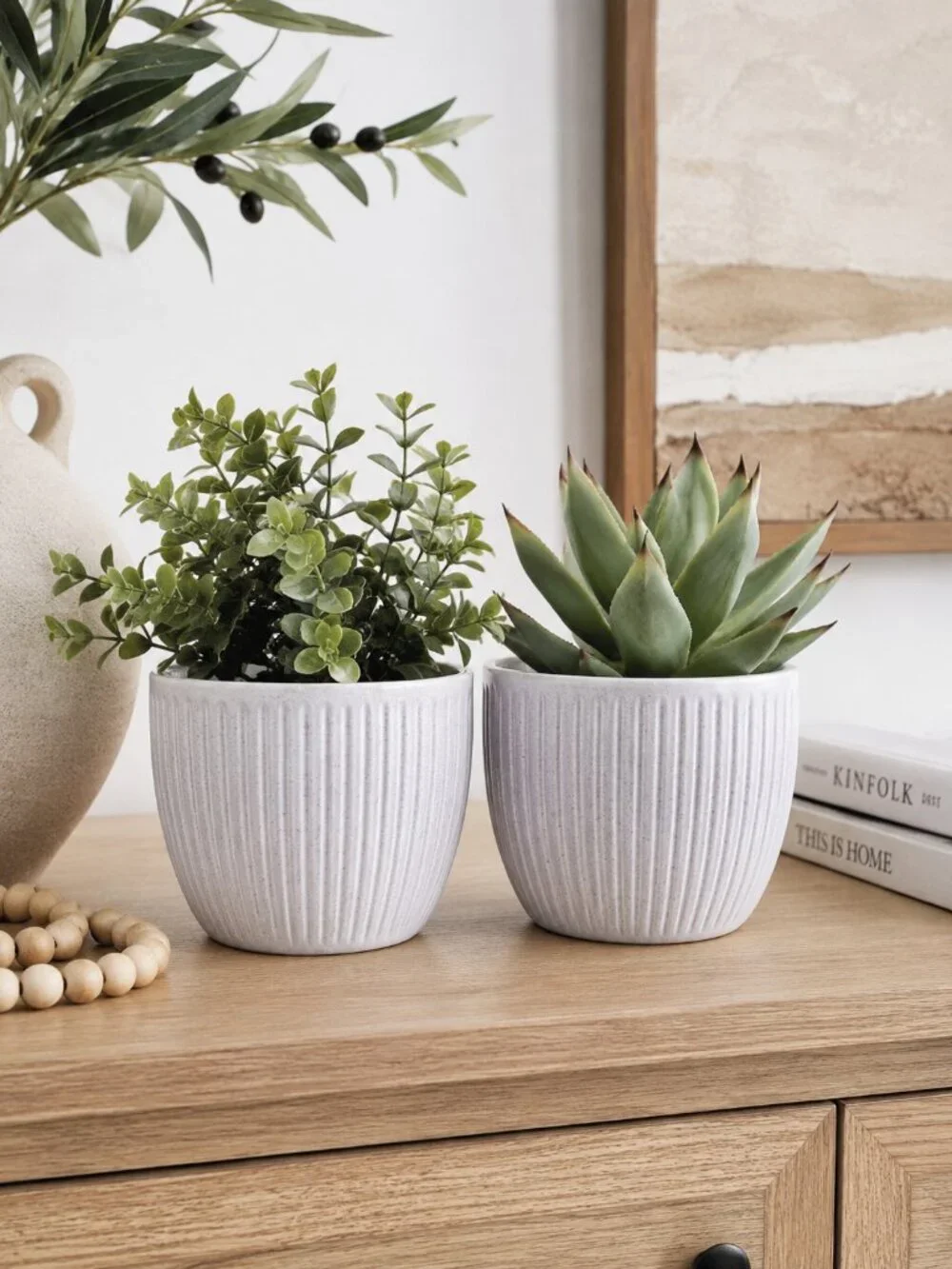 Set of 2 Made in Germany Ribbed Ceramic Planters Cache Pots White 4